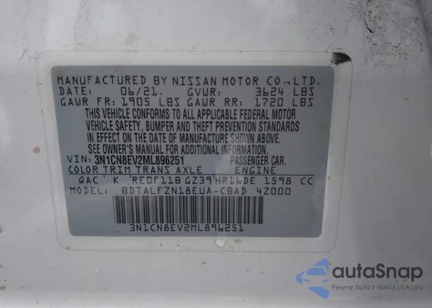 2021 Nissan Versa Sv Xtronic Cvt z USA, uszkodzony, nr VIN 3N1CN8EV2ML896251